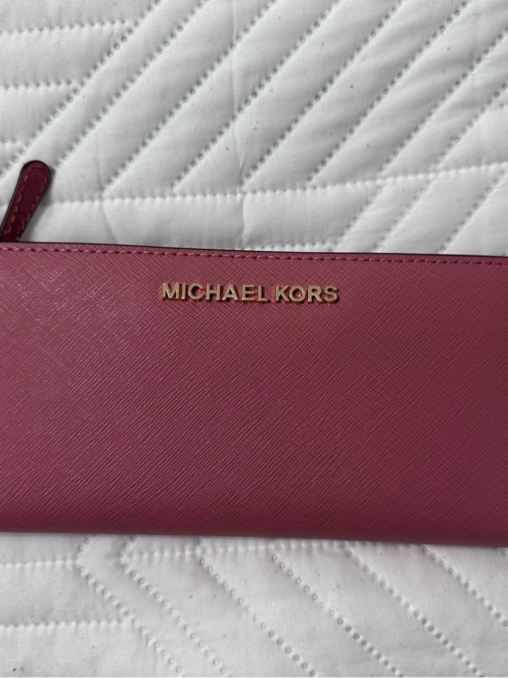 Michael Kors Rose Pink Saffiano Leather Zip Wallet with Gold Logo